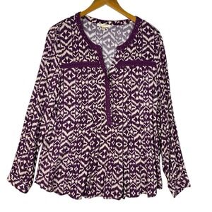 Skies Are Blue Boho Peplum Blouse Women's M Purple Ikat Print Roll Tab Sleeve